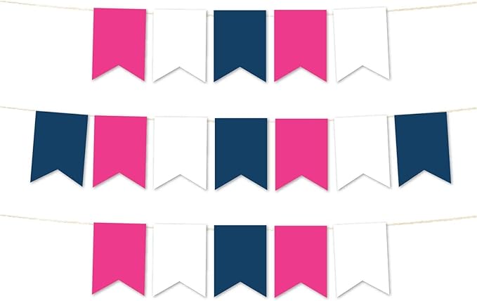 Andaz Press Hanging Pennant Banner with String, Fuchsia, White, Navy Blue, 1-Set, 24 Pennants, Approx. 12-Feet Long