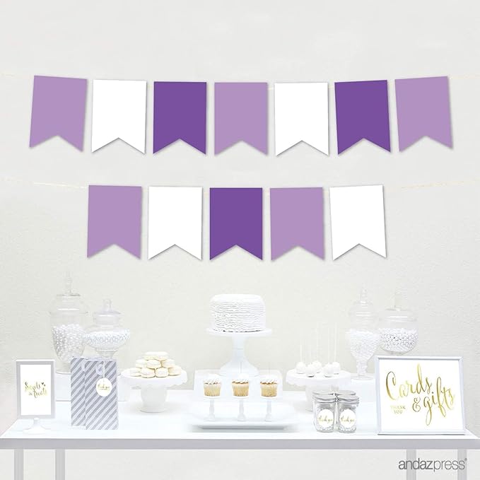 Andaz Press Hanging Pennant Banner with String, Lavender, White, Royal Purple, 1-Set, 24 Pennants, Approx. 12-Feet Long