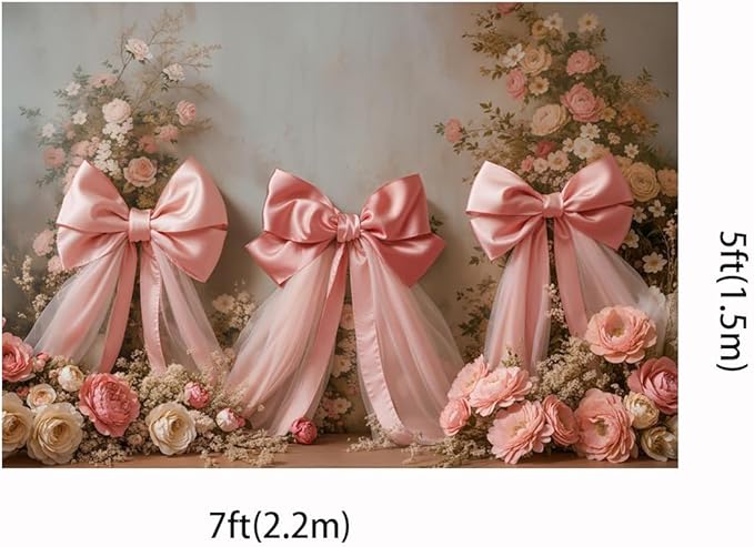 Kate 7x5ft Elegant Pink Floral Cute Bow Backdrops for Photography Romantic Wedding Background Happy Birthday Party Pricess Decoration Backdrop