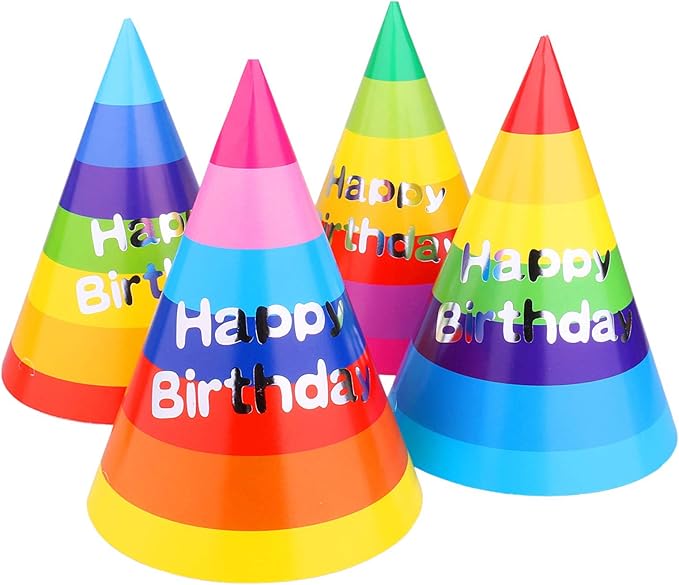 Azude Rainbow Party Hats for Kids and Adults, 12 Pack Happy Birthday Cone Hats with Metallic Foil Text, Sturdy 250gsm Paper Birthday Caps for Boys Girls & Classroom Celebrations, 7.9 Inch