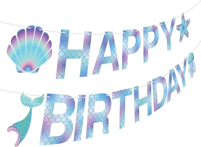 Mermaid Birthday Banner Sign, Mermaid Happy Birthday Bunting Banner Flag Garland for Girls Kids Baby Party, Baby Shower Decorations Supplies
