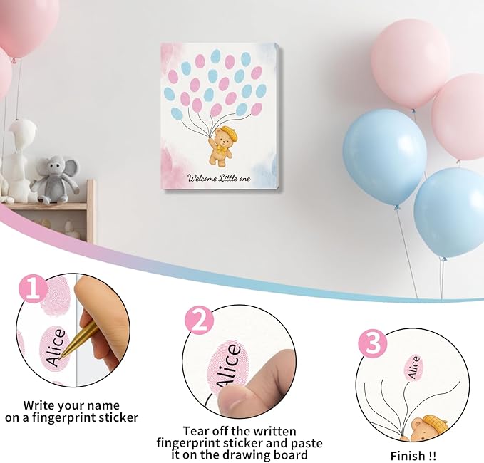 2PCS Fingerprint Guestbook with Bear and Bunny Baby Shower Guest Book Party Ideas Gender Reveal Fingerprint Guest Book with 2 Pens and 6 Stickers Gender Reveal Party Decorations