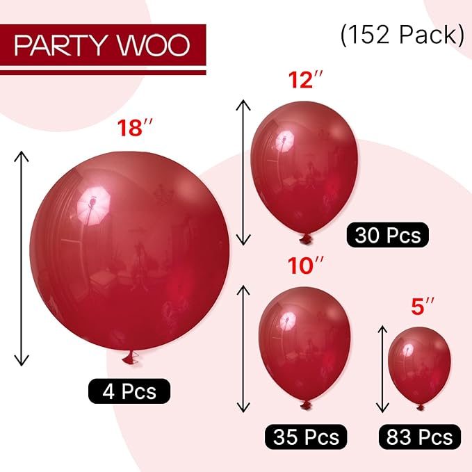PartyWoo Burgundy Balloons 152 pcs Different Sizes of 18 12 10 5 Inch Dark Chestnut Red Maroon Balloon Arch Kit Garland for Birthday Graduation Anniversary Cherry Casino Party Decorations Red-Y62