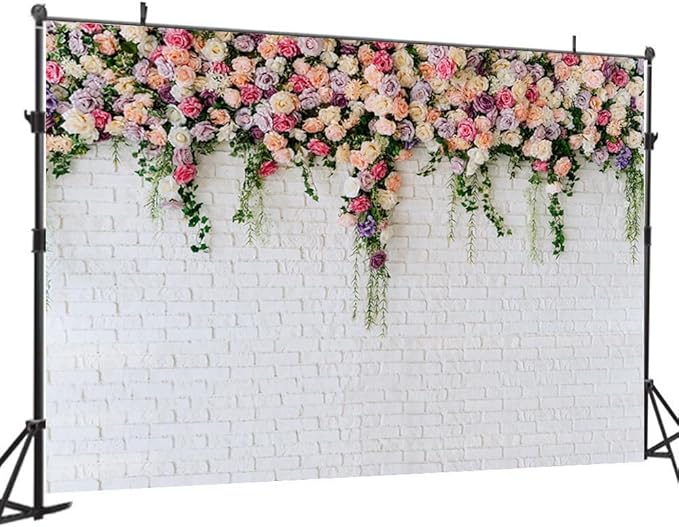 8X6FT White Brick with Flowers Backdrop Occasions Mother's Day Wedding Bridal Shower Birthday Party Banner Background Supplies DH-357