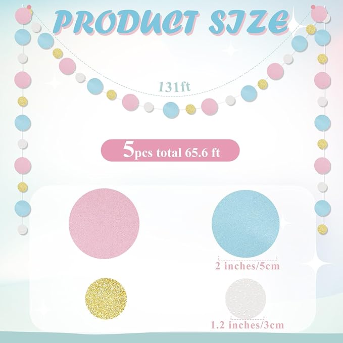 Outus 5 Pieces Pink,Blue,Gold,White Round Dots Garland Easter Graduation Party Hanging Decor Each Length 13.1ft Glitter Paper Dot Streamers for Birthday Wedding Classroom