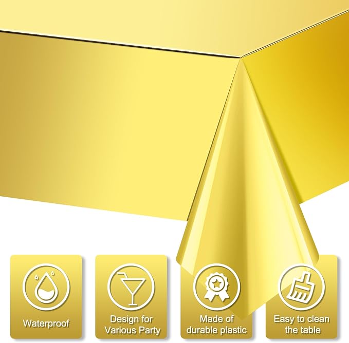 3 Pack Gold Plastic Tablecloth, Disposable Rectangle Table Covers, Holographic Metallic Foil Tablecloth Gold Party Supplies Decorations for Birthday Graduation Anniversary Bachelorette, 54x108Inch