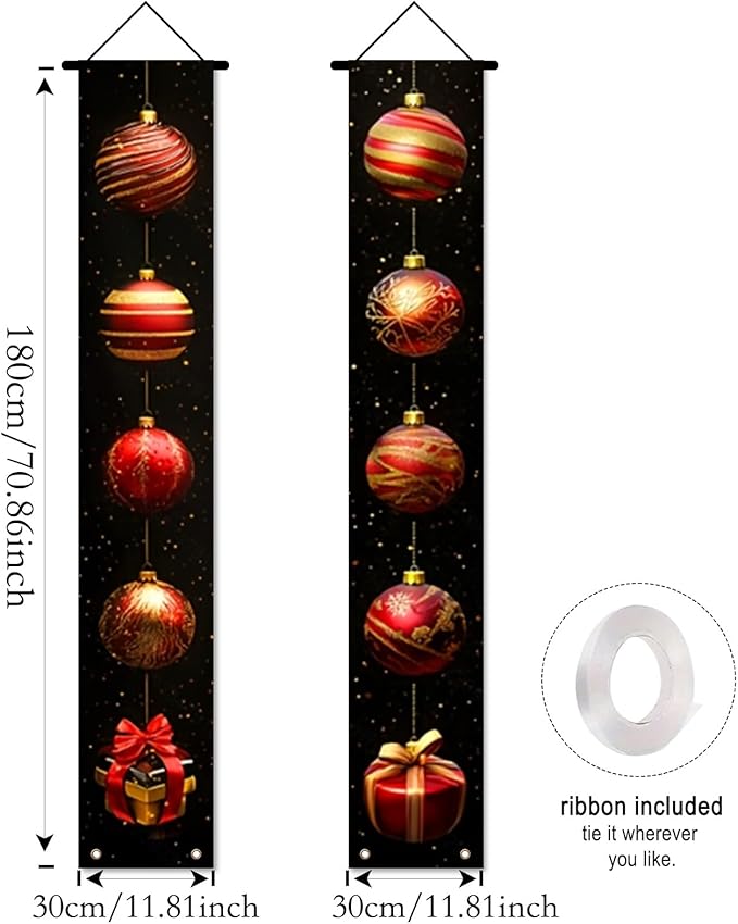 Nuxovilar Christmas Decorations Outdoor Yard Front Porch Sign Set, Black Background Christmas Ball Door Banners, Hanging Door Decor for Home Indoor Wall Yard