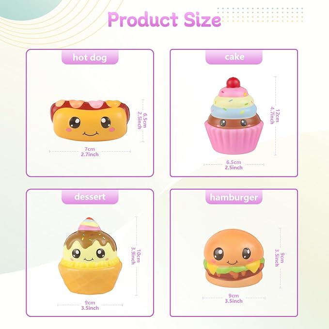 4 Pcs Slow Rising Food Toys for Kids, Kawaii Foam Squishy Toys in Dessert Bread Hot Dog Cake Stress Relief Squeeze Toy for Holiday Carnival Goodie Bag Stuffers