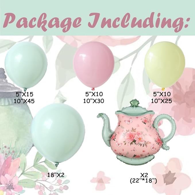 Tea Party Decorations 139pcs Pastel Tea Party Balloon Arch Garland Kit with Pink Green Teapot Mylar Balloon for Let's Par-Tea Girls Birthday Spring Garden Tea Party Decor (Tea Party)