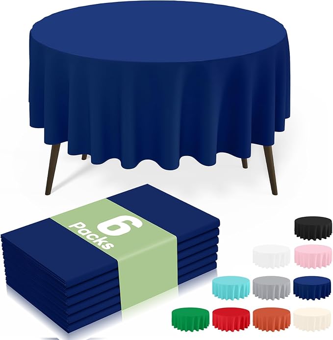misaya 6 Packs Disposable Plastic Table Cloth, 84" Round Waterproof Tablecloth, Leakproof & Sturdy Decorative Table Covers for Easter, Picnic, Party and Outdoor, Navy