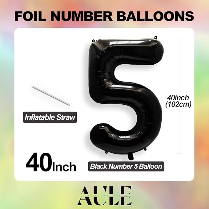 AULE 40 Inch Big Black 5 Balloon Number Large Foil Helium Number Balloons 0-9 Jumbo Giant Happy 5th Birthday Party Decorations for Boy or Girl Huge Mylar Anniversary Party Supplies