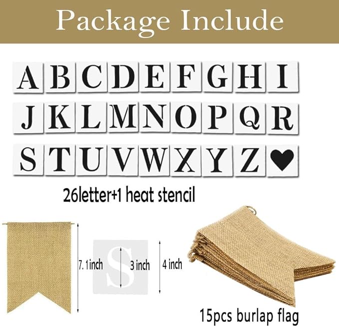 15PCS Burlap Baner PreStringed, DIY Custom Banner Kit, Customizable Personalized Banner, with Letters A to Z Stencil, Birthday Wedding Party Decor