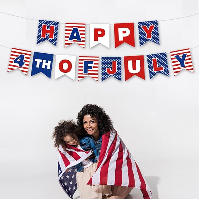 Happy 4th of July Banner for Independence Day Party Decor Red White and Blue Fourth of July Patriotic Party Celebrations Supplies for Memorial Day Durable Polyester Yard Decoration Banner