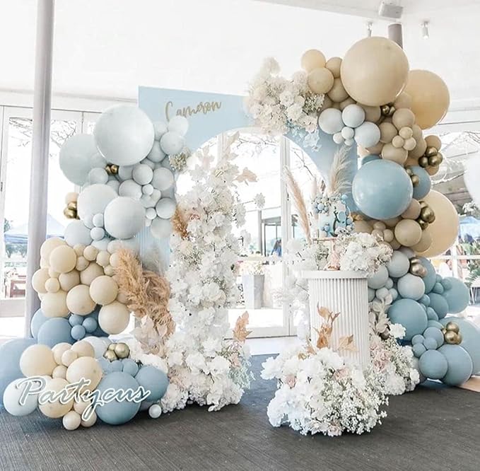 Dusty Blue White Sand Balloon Garland Double Stuffed Pastel Light Blue Cream Beige Matte Balloon Arch Kit with Gold Latex for Neutral Baby Shower Bridal Wedding Birthday Easter Party