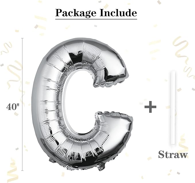 40 inch Silver Letter C Balloon, Big Size Alphabet Foil Mylar Helium Balloons for Birthday Party Celebration Wedding Anniversary Baby Shower Decorations Supplies Alphabet C