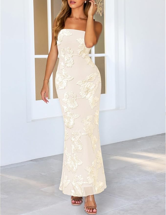MEROKEETY Women's Floral Strapless Maxi Dress 2026 Summer Mesh Tube Bodycon Formal Wedding Guest Cocktail Party Long Dresses
