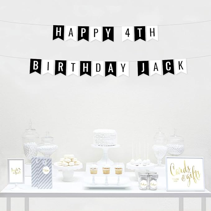 Andaz Press Personalized Hanging Pennant Banner Party Decorations, Black, White, Happy 4th Birthday Olivia, 1-Pack, Approx. 5-Feet, Custom Name and Number, Race Car Chess Theme Party Decor