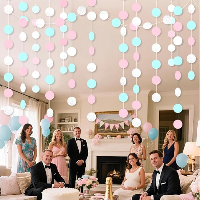 Macaron Circle Dots Hanging Garland White Blue Pink Circle Dots Hanging Streamer Macaron Bunting Banner Backdrop for Wedding Baby Shower Birthday Xmas Decor 40 Feet