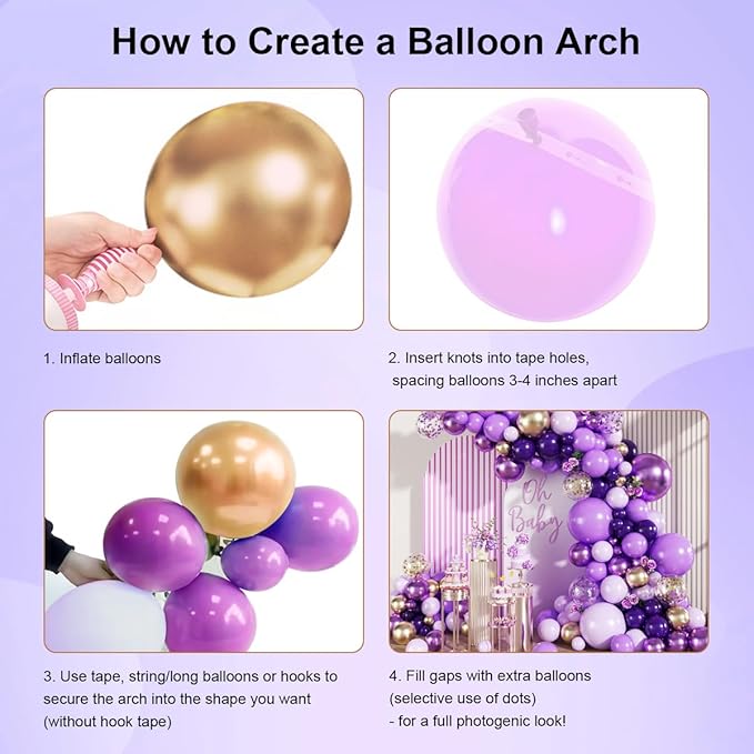 Purple Black and Gold Balloon Arch Kit, 147PCS Latex Balloons Different Sizes 18 12 10 5 inch for Baby Shower Girl Princess Birthday Wedding Engagements Anniversary Party Decoration