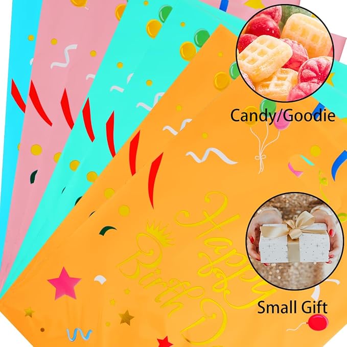 HABILE Large Plastic Aluminum Foil Gift Bags Bulk Kids Boys Girls Birthday Party Gift Bags with Handles (36 Pack)