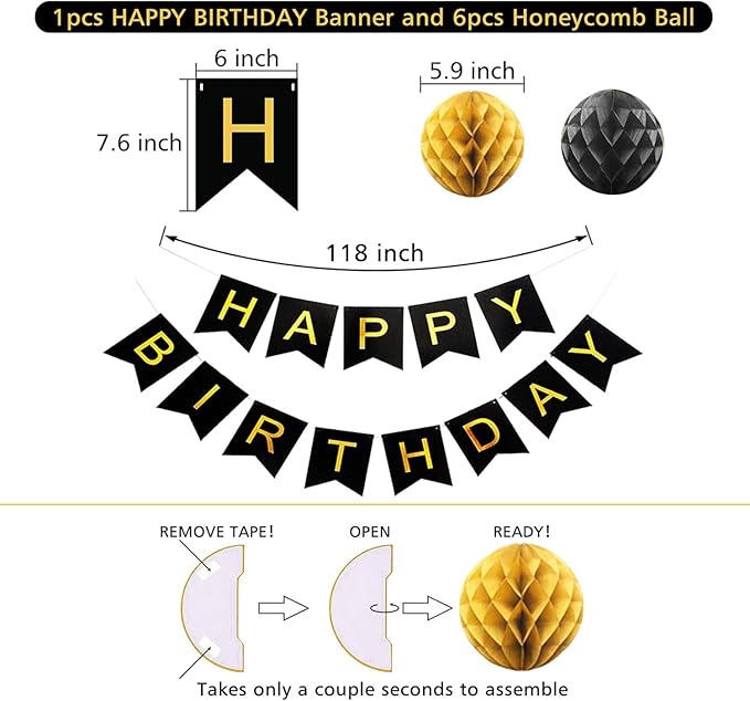Gold and Black Birthday Decorations,Black and Gold Happy Birthday Banner,Gold Happy Birthday Decorations for Men,Women,Boys and Girls
