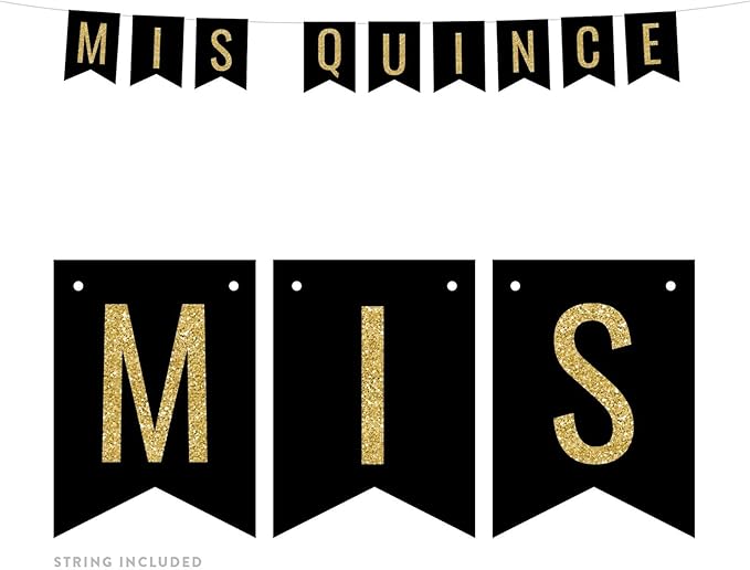 Andaz Press Faux Gold Glitter on Black Birthday Party Banner Decorations, Mis Quince, Approx 5-Feet, 1-Set, Quinceanera 15th Birthday Colored Hanging Pennant Decor
