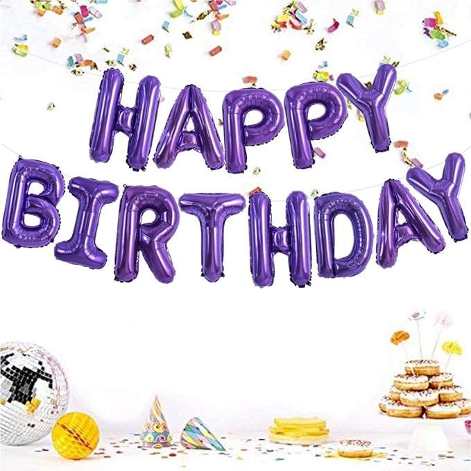 TONIFUL Purple Happy Birthday Balloons Banner 16 Inch Mylar Foil Letters Birthday Sign Banner Bunting Reusable for Girls Boys Kids & Adults Birthday Decorations and Halloween Party Supplies