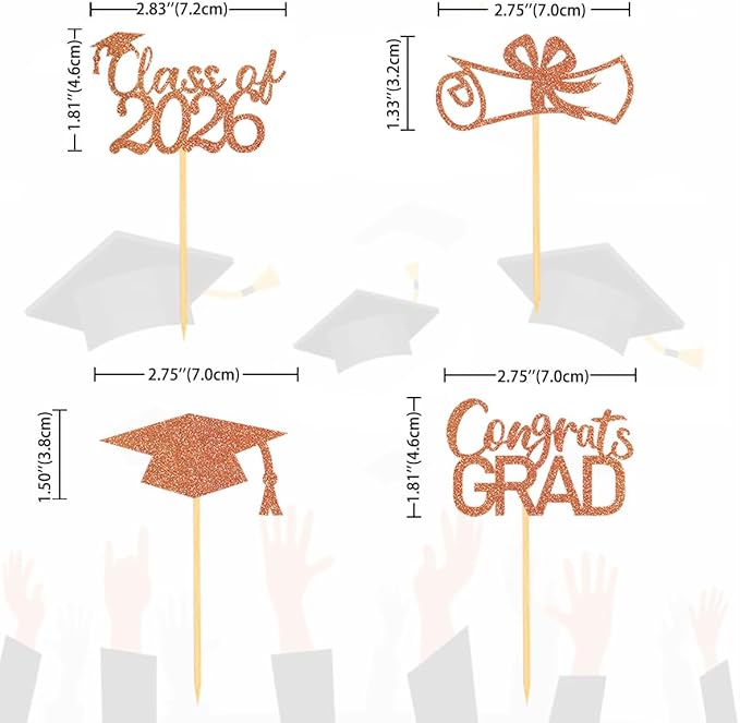 2026 Graduation Theme Cupcake Toppers Glitter Class of 2025 Graduation Cap Diploma Cupcake Picks - Set of 24 (Orange2)