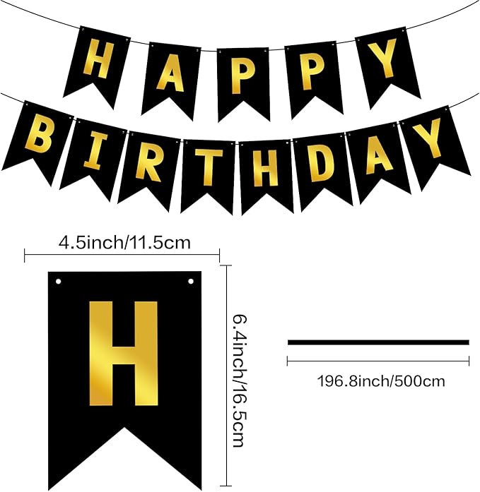 Black Happy Birthday Banner Sign Black Gold Bunting Banner Garland for Kids Girl Woman Birthday Tea Party Decorations Bunting Flag Birthday Party Supplies