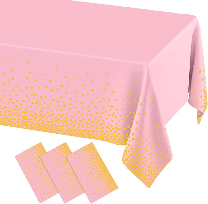 misaya 3 Packs Dot Disposable Table Cloth, 54 x 108 Inch Waterproof Plastic Tablecloth, Rectangle Gold Dots in Pink Table Covers for Easter, Picnic, Birthday, Party