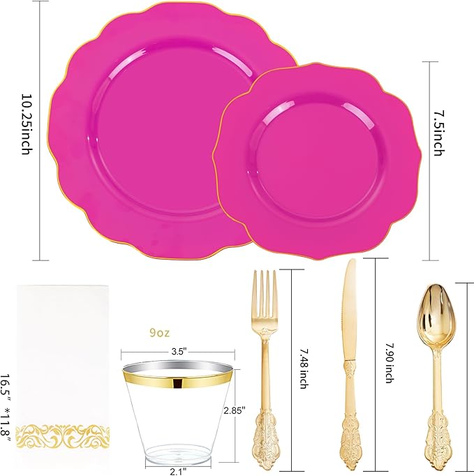 NOCCUR 175PCS Hot Pink Plastic Plates with Gold Disposable Silverware - Include 50 Hot Pink Plates,25 Knives,25 Forks,25 Spoons,25 Cups and 25 Napkins - Ideal for Party/Easter Day