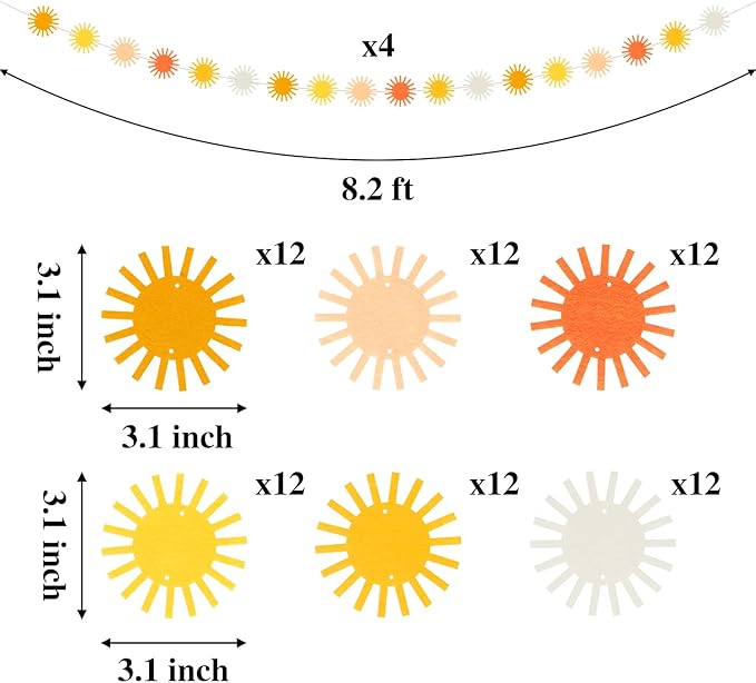 Boho Sun Garland Felt Artificial First Trip Around The Sun String Banner Hippie Boho Muted Sunrise Party Supplies Aesthetic Indoor Outdoor Party Decoration for Baby Shower Wedding, 4Pcs