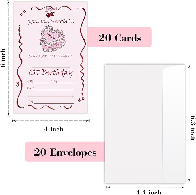 Pink Bow First Birthday Invites Cards Party Invitation Cards for Girls Kids Adults Party Invitations 4x6 Inch Invitations with Envelopes 20 Pcs Double Sided Invitation Card for Girls 1st Birthday YT85