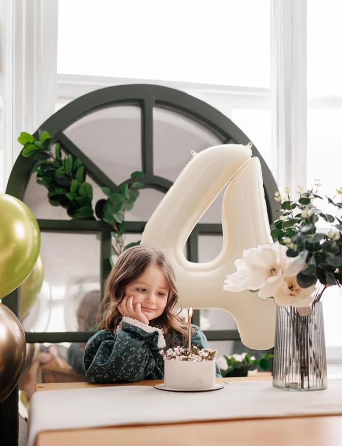Cream Number 4 Balloons – 40 Inch Giant Foil Number Balloon, Light Cream Number Balloon for Birthday Anniversary Baby Shower Party Decorations
