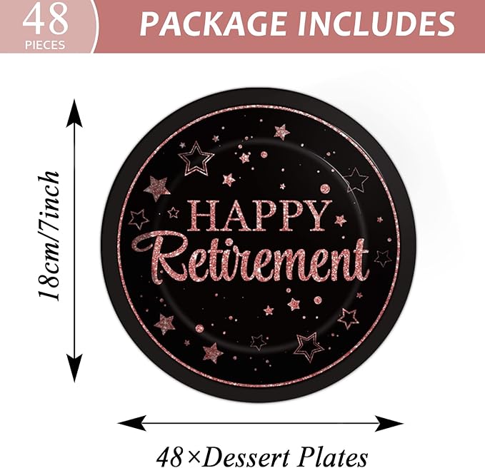 Wiooffen 48Pcs Retirement Paper Plates Party Supplies Happy Retirement Dessert Cake 7 inch Plates Tableware Set Pink and Black Retired Dinnerware for Woman Graduations Decorations Favors
