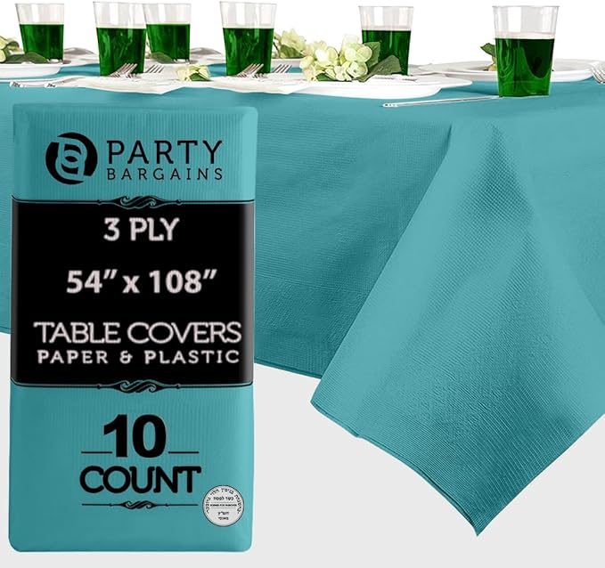 PARTY BARGAINS Disposable Table Covers, 54 x 108 Inch, Turquoise, 3-Ply Paper & Plastic Spill-Resistant Party Tablecloths, 10 Pack
