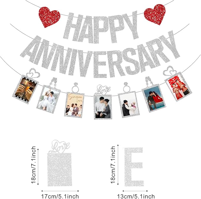Happy Anniversary Photo Banner Glitter Decor for Wedding Celebration Party Decorations (silver)