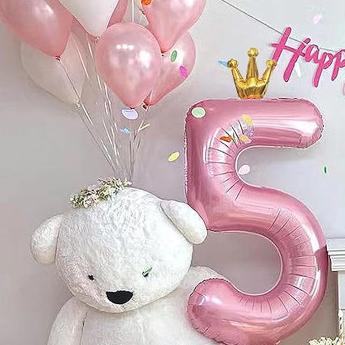 40 inch Pink Number 5 Balloon with Crown, Pink Crown Balloons 0-9 for 5th Birthday Party Anniversary Decorations Supplies
