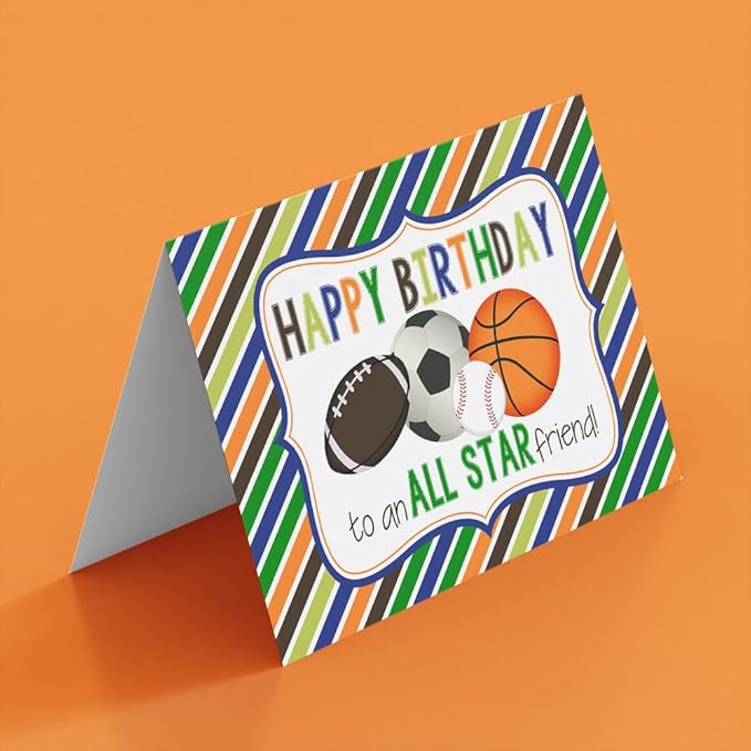 All Star Friend Sports Birthday Pun Themed Single (1) All Occasion Blank Birthday Card To Send To Friends & Family, 4"x 6" (when folded) Fill In Greeting Note Card by AmandaCreation