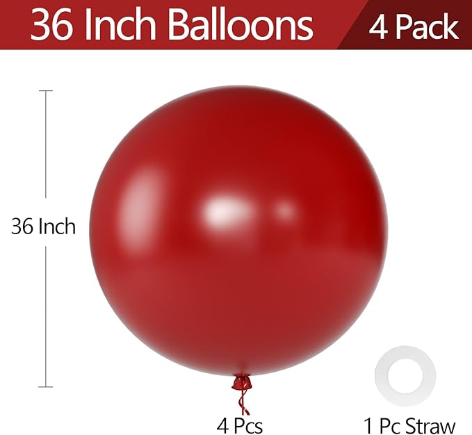 KALOR Burbundy Red Giant Balloons 36 Inch Large Latex Balloons, 4 Pack Jumbo Round Helium Balloon for Birthday Bridal Shower Wedding Baby Shower Party Decorations