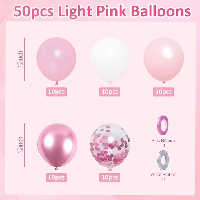 Patimate Pink and White Balloons Set, 50 pcs 12 inch Pearl Light Pink Confetti White Latex Balloons Kit for Wedding Baby Shower Bridal Shower Pink Birthday Party Decorations