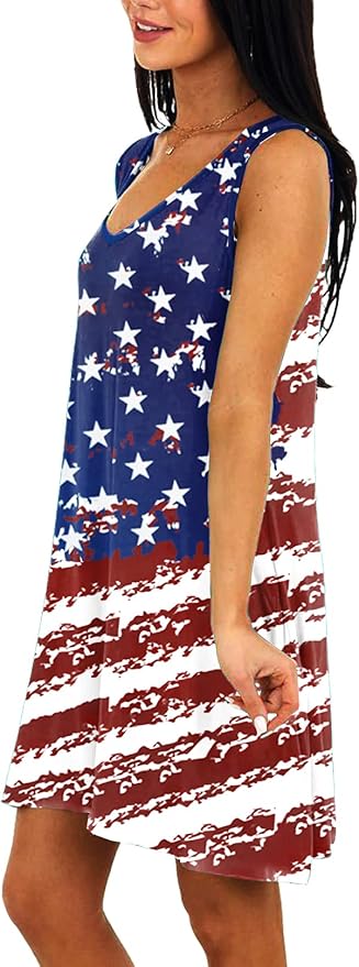 Deerose Women 4th of July Sleeeveless Dress Patriotic V Neck Tank Dresses with Pockets