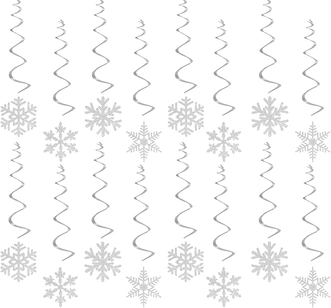 Snowflake Snow White-Silver Christmas Party-Decorations Streamers - 16pcs Frozen Winter Baby Shower Birthday New Year Paper Hanging Swirls Banner,Classroom Ceiling Garland Wonderland Decor Panduola