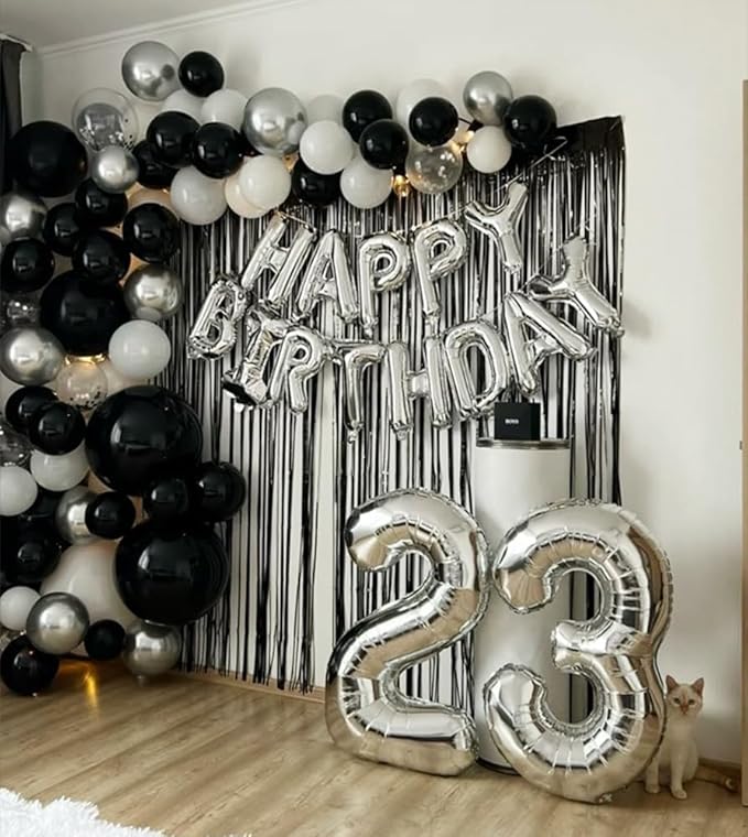 Black Backdrops Curtains Party Decorations, Tinsel Streamers Birthday Decoration for 30th Her Him, Photo Booth Props for Graduation, Wedding, 2Pack 3.28X8.2Ft