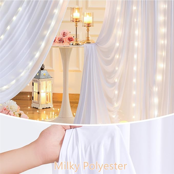 10 x 10ft White Backdrop Curtains with Lights String for Wedding Polyester Photo Backdrop Drapes Wrinkle Free White Curtains Backdrop for Birthday Parties Reception Baby Shower Ceremony-5 x 10ft x 2P