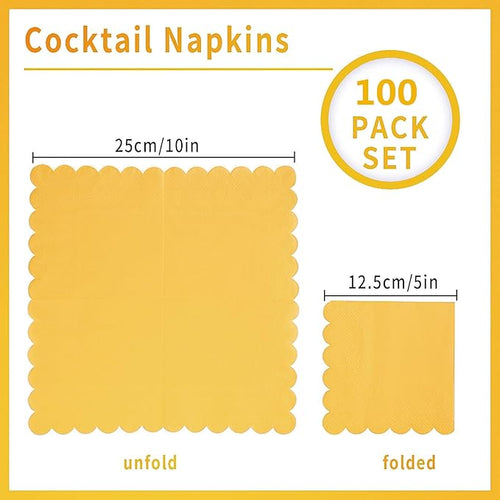 100 Pack Cocktail Napkin 2-Ply Scalloped Edged Dessert Napkins Folded 5 x 5 Inches Disposable Napkins for Dinner Wedding Birthday Party Bridal Anniversary Reception Event (Yellow)