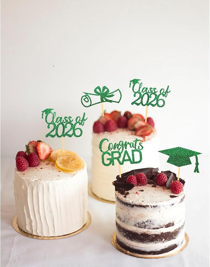 2026 Graduation Theme Cupcake Toppers Glitter Class of 2025 Graduation Cap Diploma Cupcake Picks - Set of 24 (Green2)