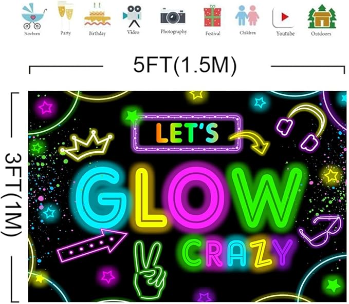 Neon Glow Party Decorations Supplies Backdrop 5x3ft Glow in The Dark Let’s Glow Banner Photography Background Birthday Sleppover Graffiti Splash Paint Black Light Kids Photo Booth