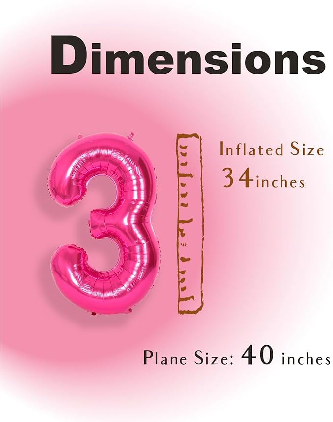 SUWEN 40 Inch Hot Pink Large 3 Number Balloons Big Foil Helium Number Balloons 0-9 Jumbo Happy 3rd Mylar Birthday Party Decorations for Girl Anniversary Party Supplies