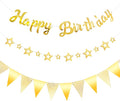 CANREVEL 3 PCS Gold Happy Birthday Banners, Hanging Stars Garland and Pennant Banner Flags, Gold Party Decorations, Golden Birthday Party Supplies for Women Men Girls Boys Adults